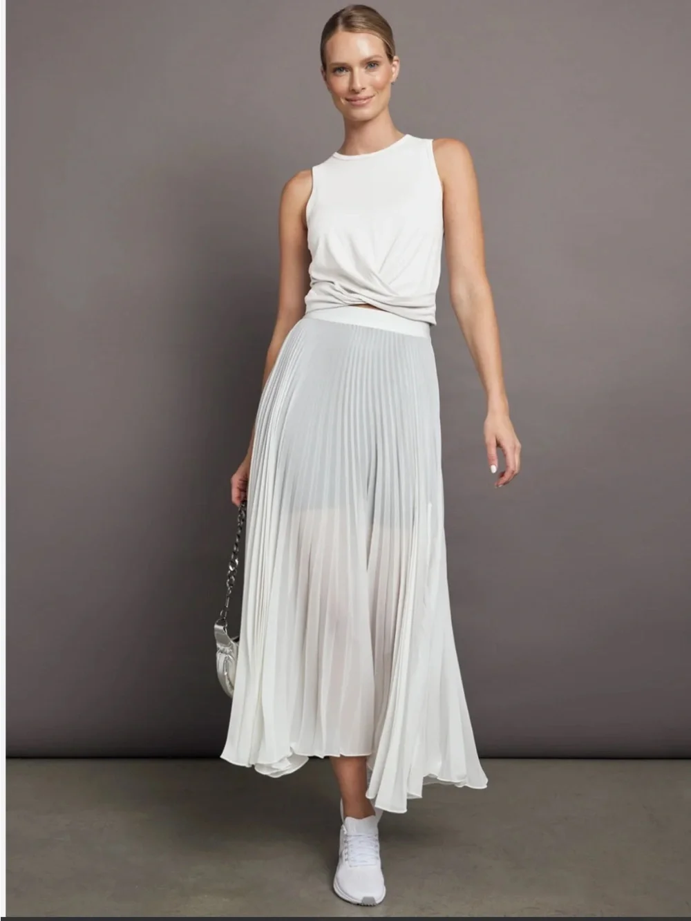 NWT Carbon38 Mesh Pleated Semi Sheer Midi Skirt in White - M